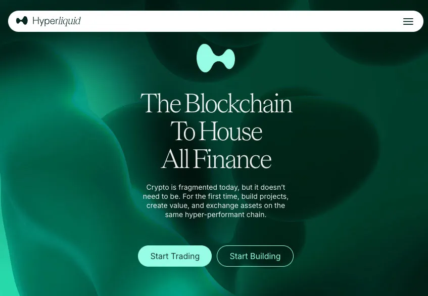 Hyperliquid website homepage reading The Blockchain To House All Finance