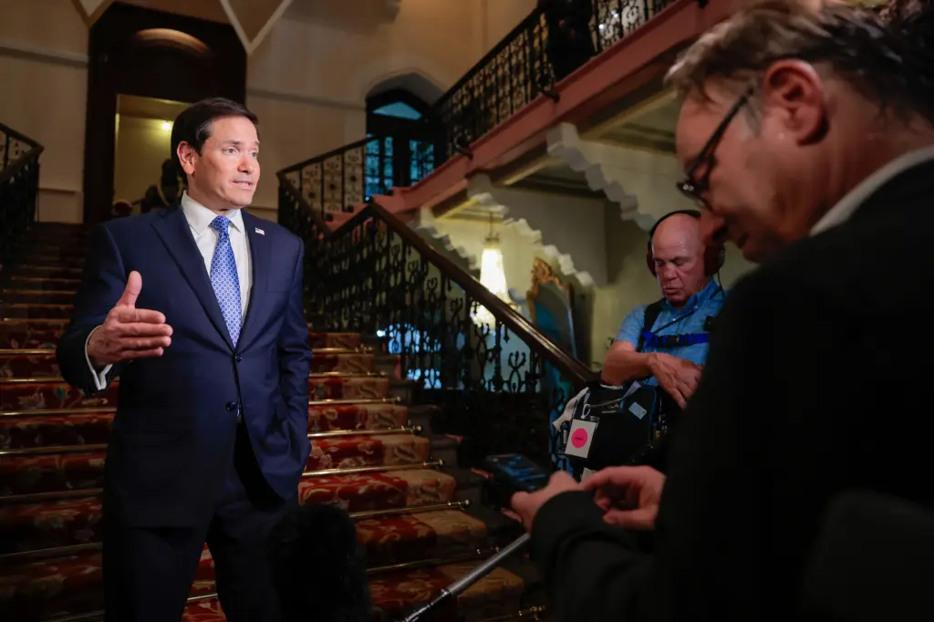 US Secretary of State Marco Rubio speaking to reporters during his India visit